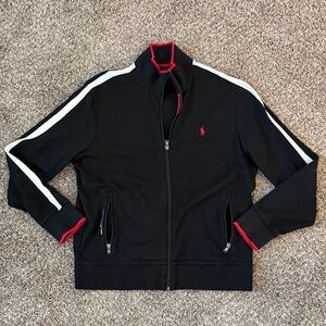 Ralph Lauren Black Full Zip-Up Performance Sweater with White and Red Accents
